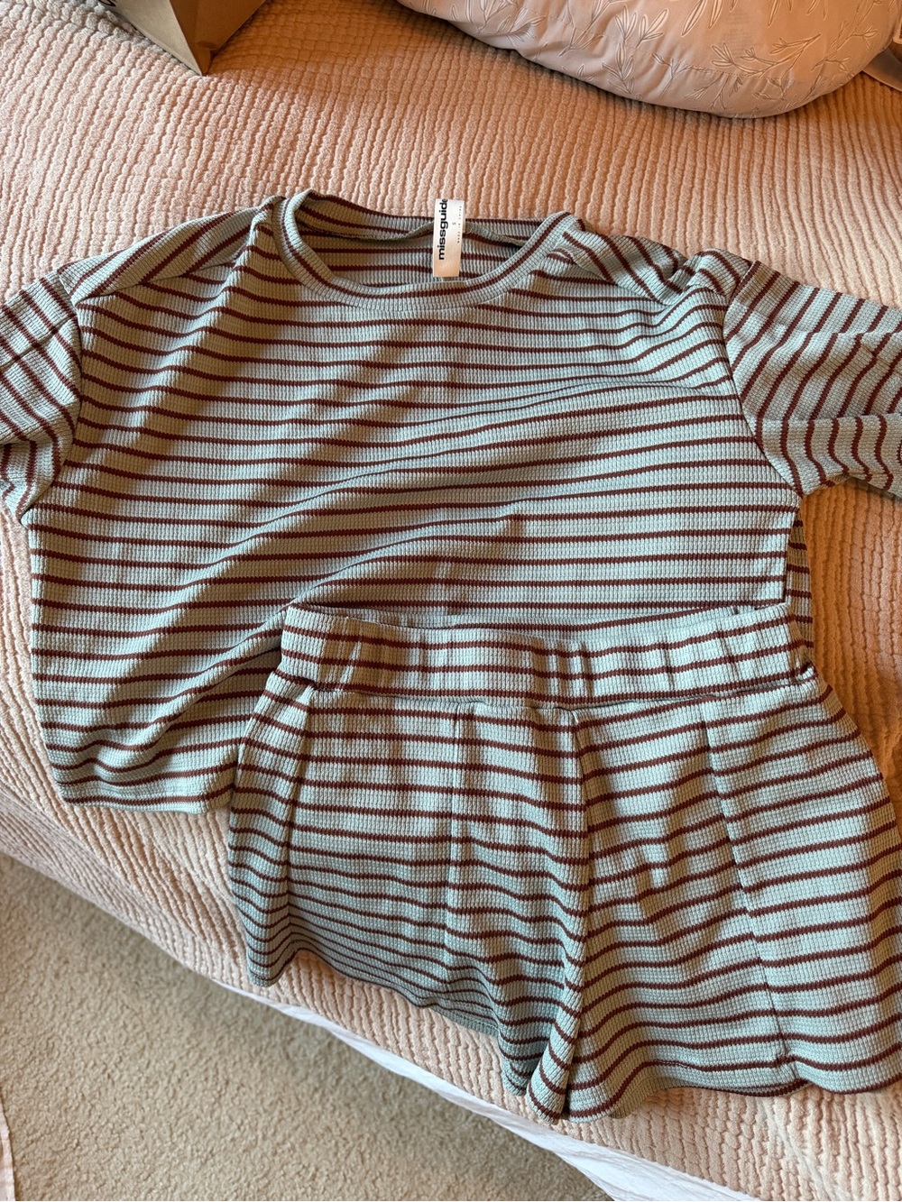 Misguided Striped Ribbed Two-Piece Lounge Set in Mint and Brown